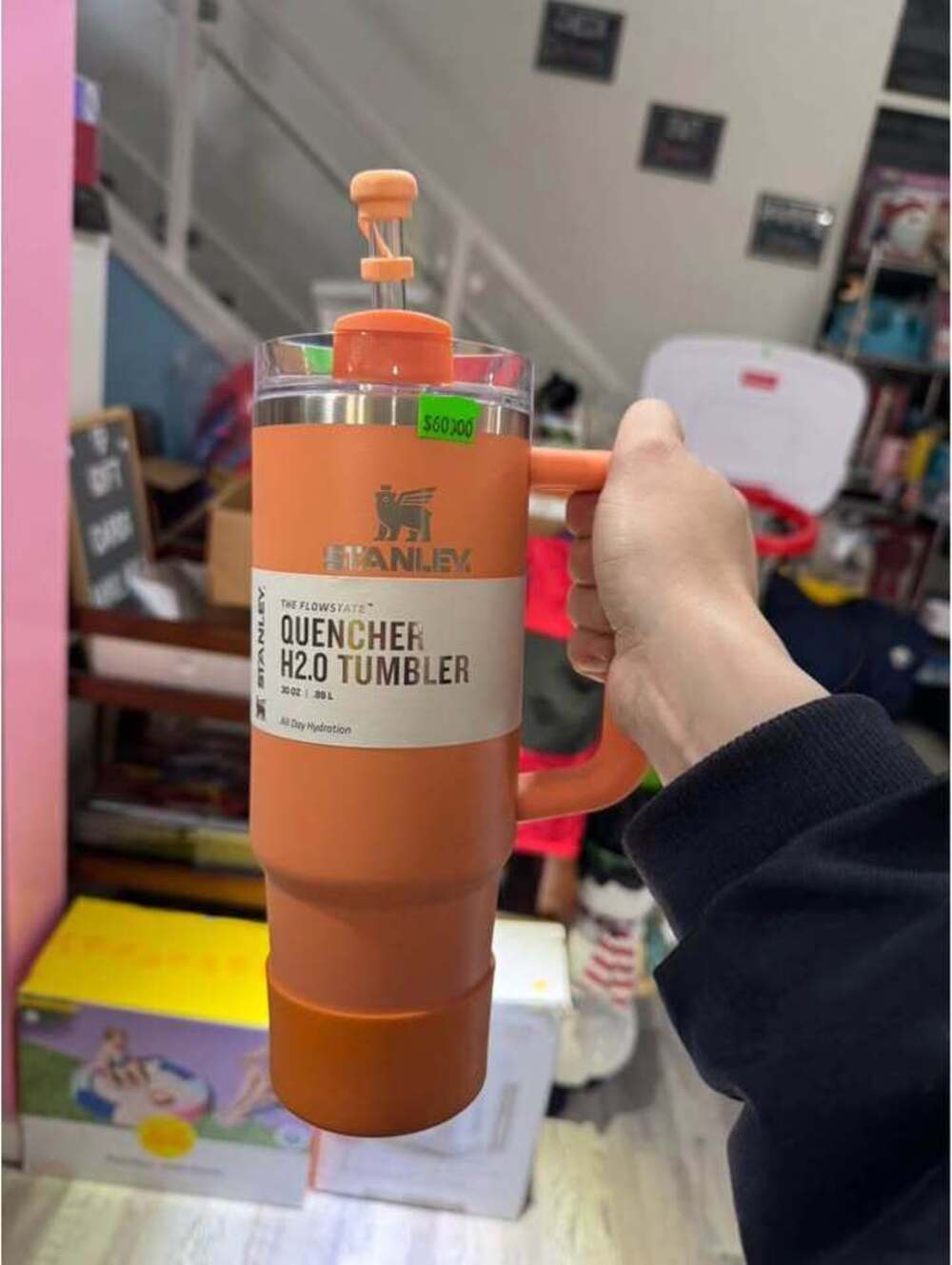 Stanley 30 oz melon tumbler with boot and topper